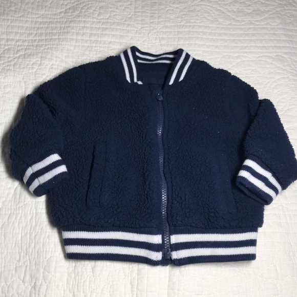 Gap Bomber Toddler 12-18 M Boy Navy Blue Sherpa Jacket Bomber Varsity EUC - Picture 1 of 6